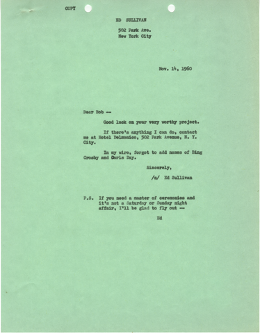 Copy of letter from Ed Sullivan to Robert Hope, November 14, 1960
