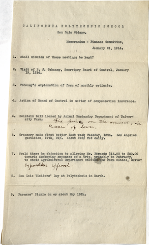 California Polytechnic School, Memorandum - Finance Committee, January 21, 1914