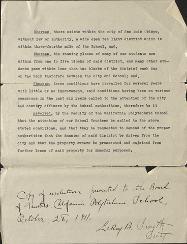 Resolution presented to Board of Trustees, California Polytechnic School, October 28,1911