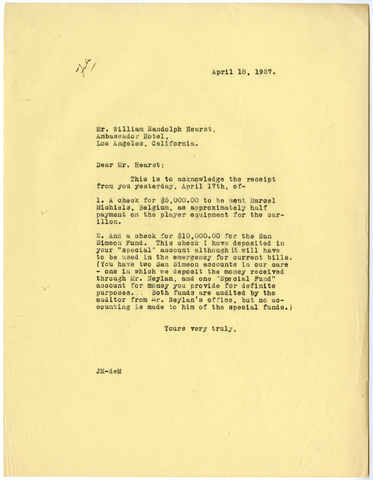 Letter from Julia Morgan to William Hearst, April 18, 1927