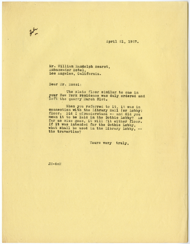 Letter from Julia Morgan to William Hearst, April 21, 1927