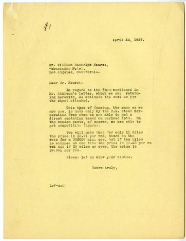 Letter from Julia Morgan to William Hearst, April 22, 1927
