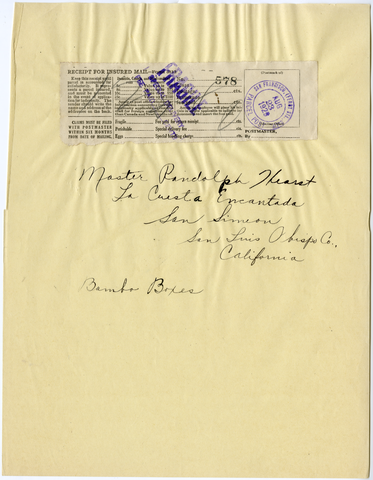 Receipt for insured mail, August 23, 1929