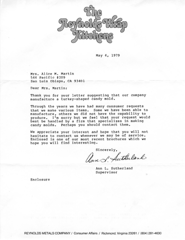 Letter from Reynolds Wrap Kitchens RE: turkey-shaped candy mold