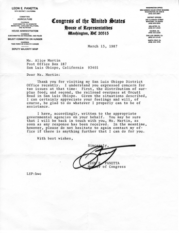Letter from Congressman Leon Panetta, 1987