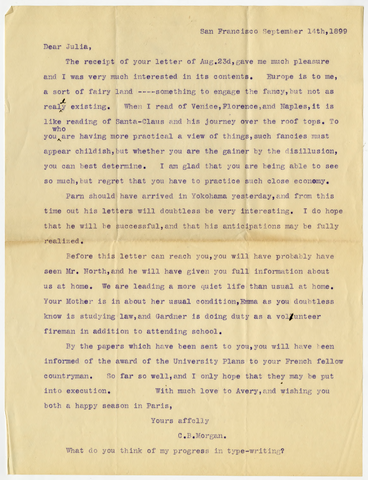 Letter from Charles B. Morgan to Julia Morgan, September 14, 1899