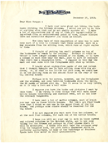 Letter from William Randolph Hearst to Julia Morgan, December 27, 1919