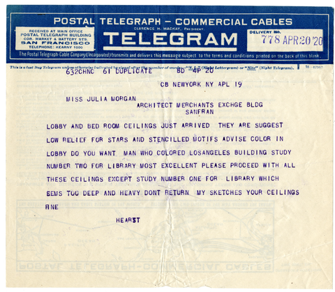 Telegram from William Randolph Hearst to Julia Morgan, April 20, 1920
