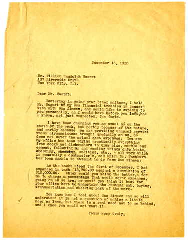 Letter from Julia Morgan to William Randolph Hearst, December 15, 1920