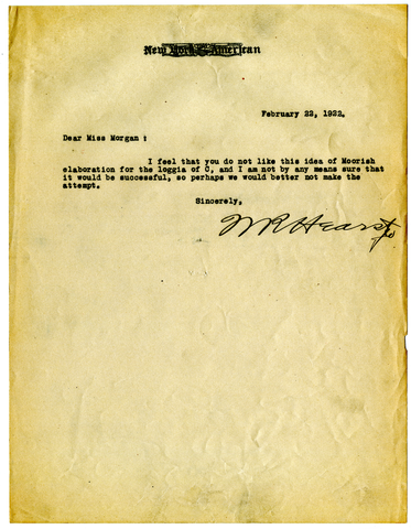 Letter from William Randolph Hearst to Julia Morgan, February 22, 1922