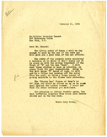 Letter from Julia Morgan to William Randolph Hearst, February 24, 1921