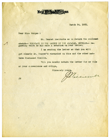 Letter from Joseph Willicombe to Julia Morgan, March 24, 1921