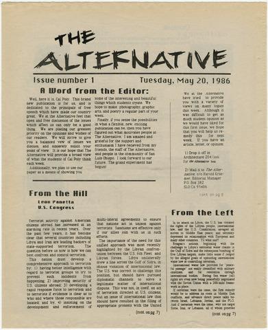 The Alternative, issue 1, May 20, 1986, page 1