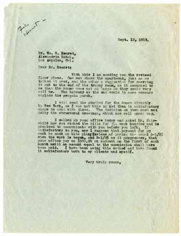 Letter from Julia Morgan to William Randolph Hearst, September 13, 1919