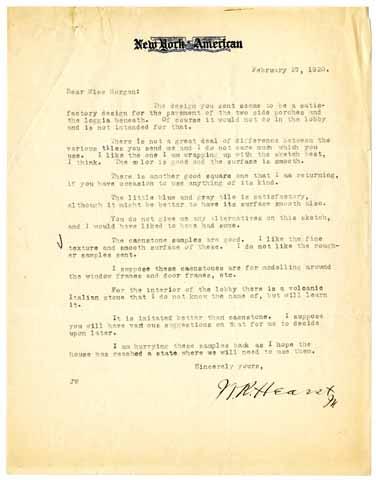 Letter from William Randolph Hearst to Julia Morgan, February 27, 1920