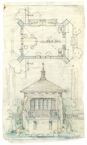 Elevation and section drawings of the Tea House in Wyntoon, Siskiyou County