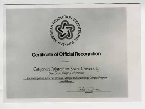 Certificate of Official Recognition for Participation in the Bicentennial Colleges and Universities 