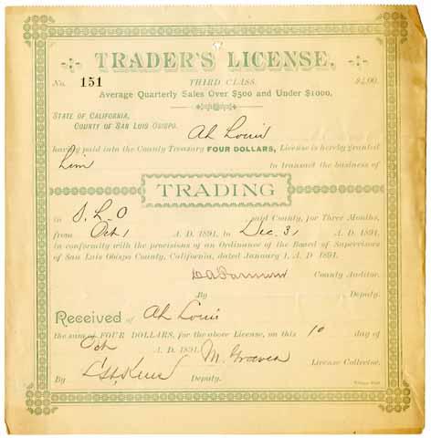 Trader's license, Ah Louis, Oct. 1 - Dec. 31, 1891