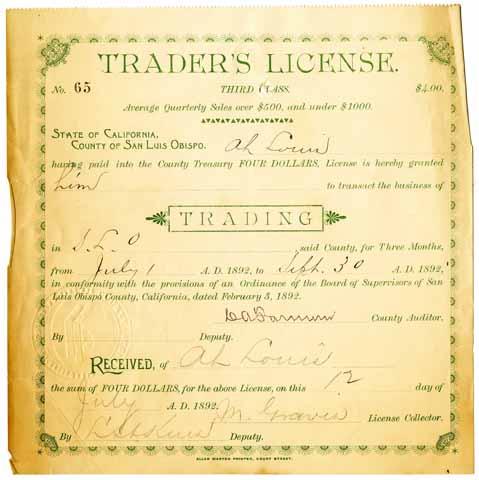 Trader's license, Ah Louis, July 1 - Sept. 30, 1892