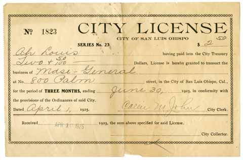 City license to Ah Louis, April 1925