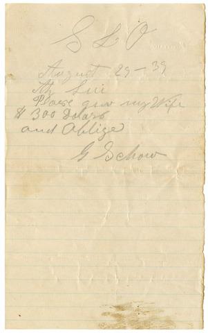Note from G. Schow to Ah Louis, August 29, 1939