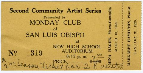 Ticket stub for the Second Community Artist Series