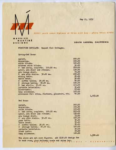 Furniture Cost Estimate: Racquet Club Cottages, May 21, 1959