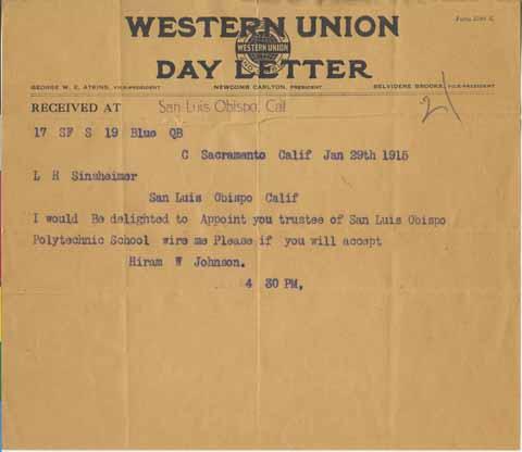 Telegram from Hiram W. Johnson to Louis Sinsheimer, 1915