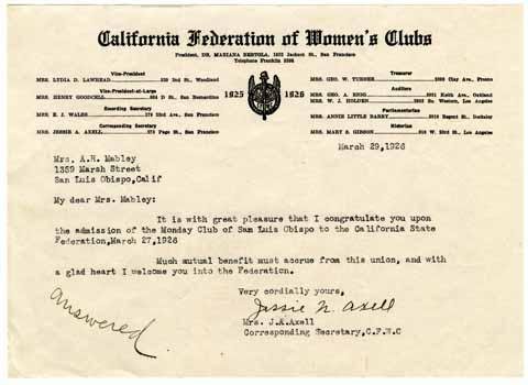 Letter congratulating the admission of the Monday Club to the California State Federation