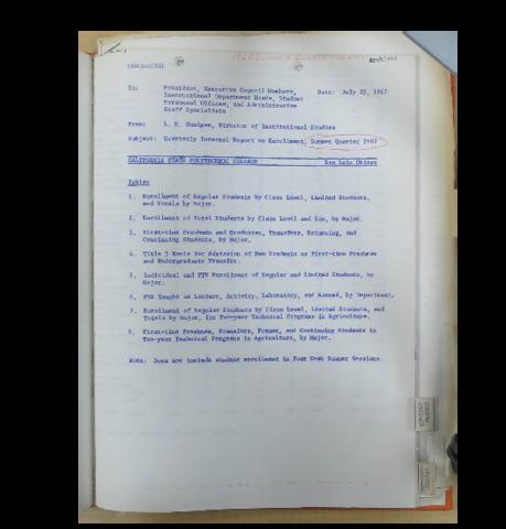 Quarterly internal report on enrollment, Summer 1967