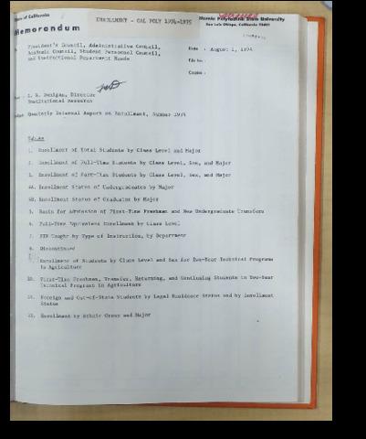 Quarterly internal report on enrollment, Summer 1974
