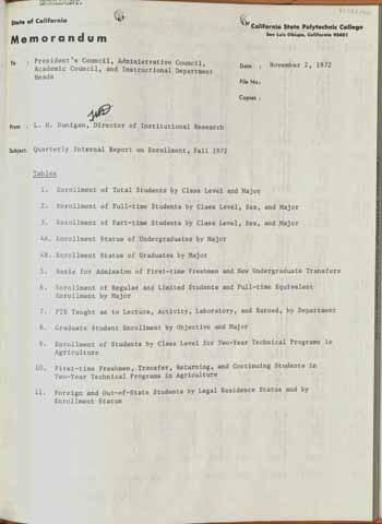 Quarterly Internal Report on Enrollment, Fall 1972