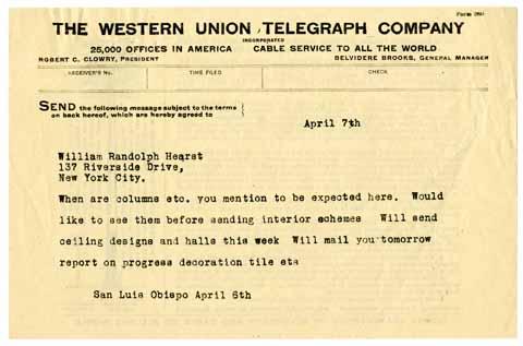 Telegram from Julia Morgan to William Randolph Hearst, April 7, 1920
