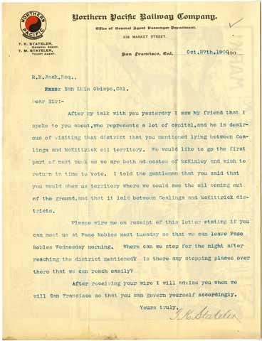 Letter from T. K. Stateler to R. E. Jack