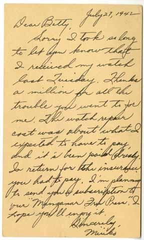 Correspondence from Miriko Nagahama to Betty Salzman, July 27, 1942