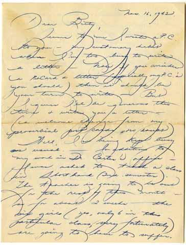 Correspondence from Honey Toda to Betty Salzman, November 16, 1942