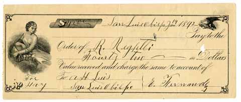 Check from Ah Luis to R. Righetti, January 19, 1892