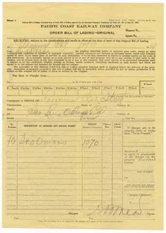Order bill of lading between Ah Louis and the Pacific Coast Railway Company
