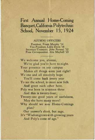 First Annual Home-Coming Banquet, California Polytechnic School, November 15, 1924 [program]