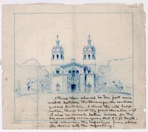 blue pencil sketch of the exterior of Casa Grande at Hearst's San Simeon, with W R Hearst's notes in bottom right corner