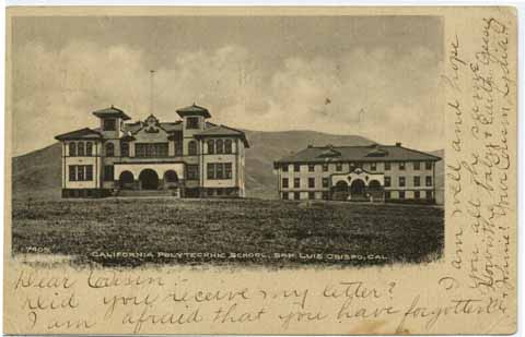 Postcard of the first two buildings of Cal Poly