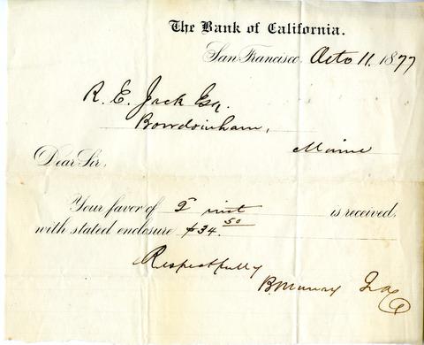 [Bank check from B Murray to R E Jack], October 11, 1877
