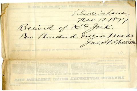 Receipt for 200-dollar payment to John H. Hollister, November 12, 1877