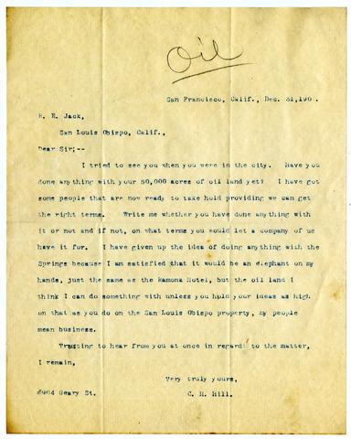 Correspondence to R.E. Jack from C.H. Hill