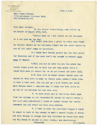 Letter from William Randolph Hearst to Julia Morgan, September 1, 1925