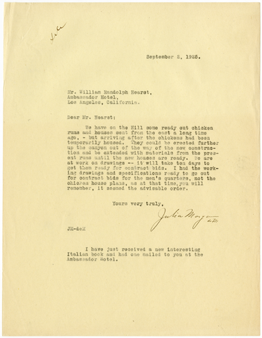 Letter from Julia Morgan to William Randolph Hearst, September 2, 1925