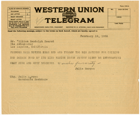 Telegram from Julia Morgan to William Randolph Hearst, February 15, 1926