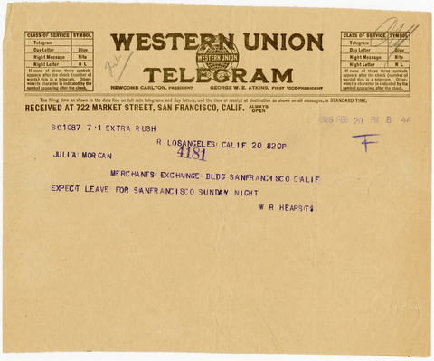 Telegram from William Randolph Hearst to Julia Morgan, February 20, 1926