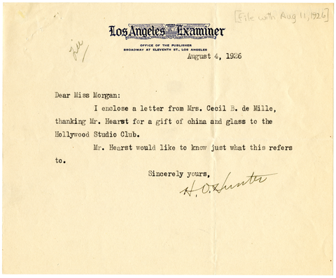 Letter from H. O. Hunter to Julia Morgan, August 4, 1926