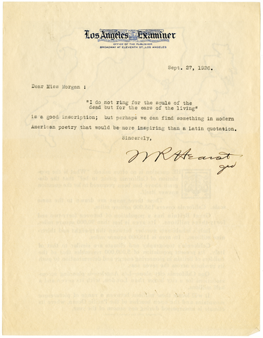 Letter from William Randolph Hearst to Julia Morgan, September 27, 1926